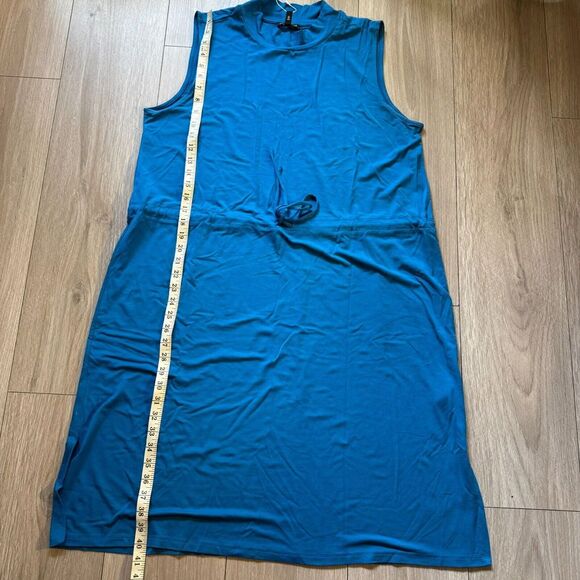 NWOT Eileen Fisher Mock Neck Tie Waist Sleeveless Knee Length Dress Marine Blue - Picture 7 of 12